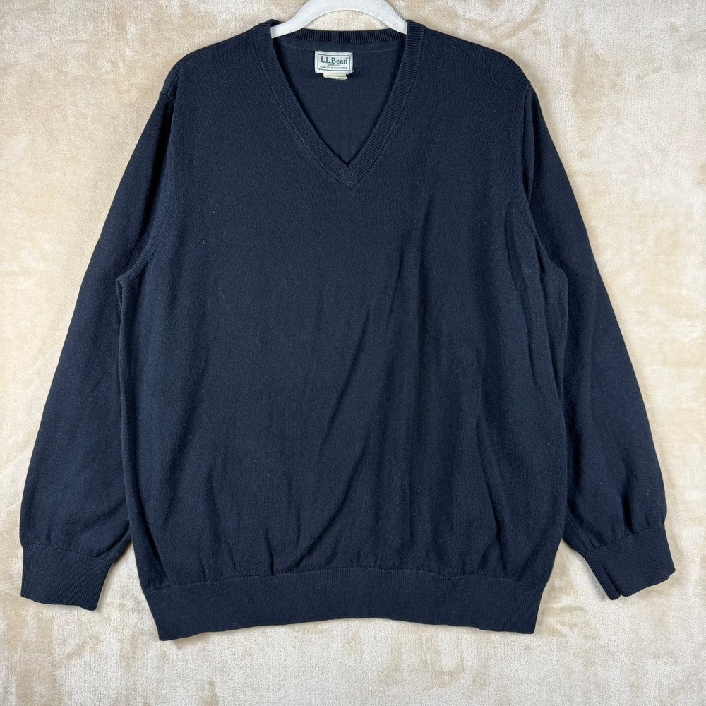 LL Bean‎ Mens L Navy Blue Cotton Cashmere V-Neck Sweater Classic Quiet Luxury